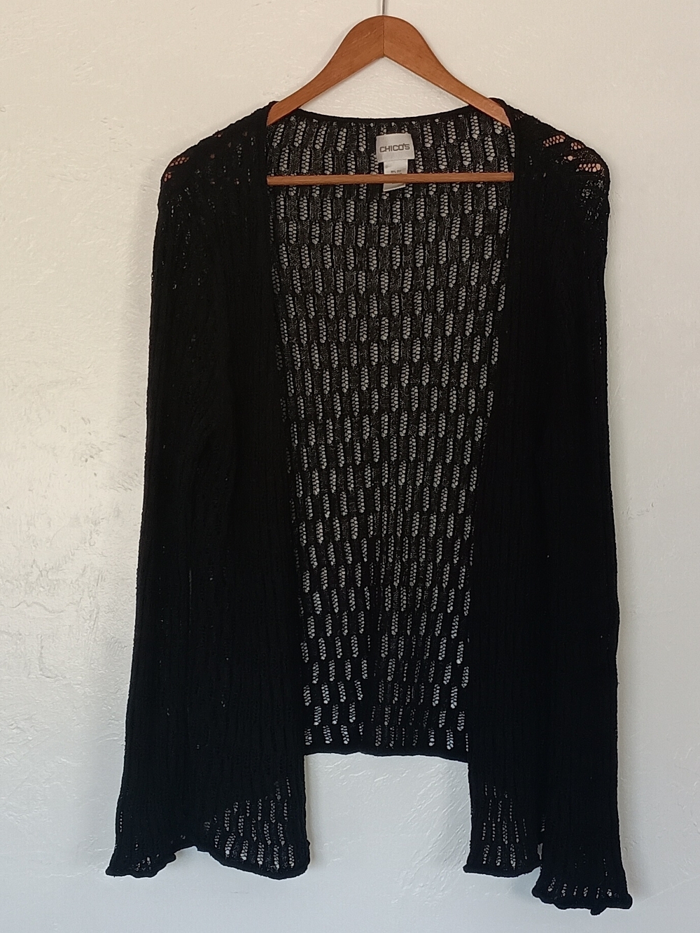 Chico's Black Open-Knit Sheer V-Neck Cardigan Sweater Lightweight Silk Nylon 3